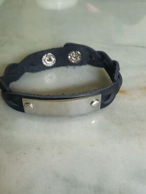 Plunder Braided Black Leather Bracelet with Silver riveted Bar